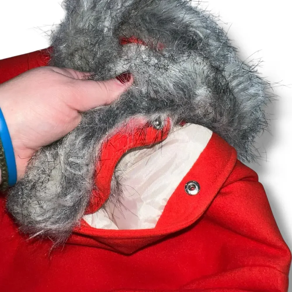 Cat & Jack Girls Dress Coat Jacket Faux Fur Hood Double Breasted Knee Length Red